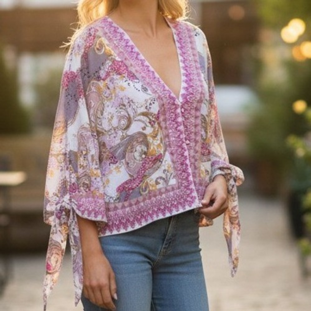 Free People Boho Paisley Floral Button Front Crop Blouse Tie Sleeve XS Pink